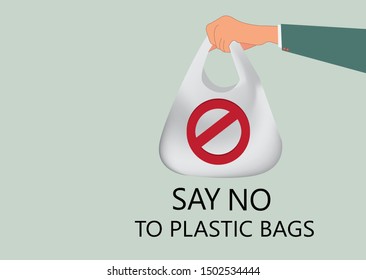 Say no to Plastic sign.Hand holding plastic bag with“Say no to Plastic sign” word.Pollution problem,Reuse,save world.Vector Care Environment and save world design.