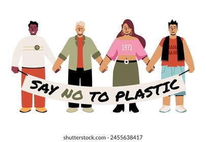 Say no to plastic slogan demand demonstration vector illustration. Cartoon ecology activist people multinational community group standing together. Solidarity agitation protest, tolerance picket