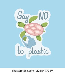 Say no to plastic, sticker with turtle and plastic bag, save the ocean concept