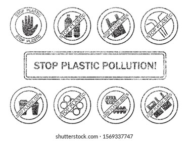 Say no to plastic.  Stop plastic pollution. Stop using single use plastic bags, straws, bottles and cups. Protest against plastic garbage. Stamp set. Isolation. Vector illustration