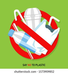 Say no to plastic, stop plastic pollution, set of no plastics sign, say no to plastic cups bags bottles straws.