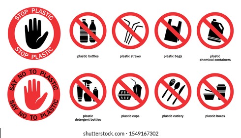 Say No To Plastic. Stop Plastic. Stop Using Single Use Plastic Bags, Straws, Bottles And Cups. Protest Against Plastic Garbage.  Icon Set. Isolation. Vector 