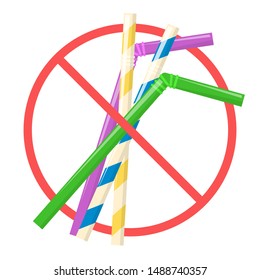 Say no to plastic straw for drink. Idea of environment pollution and trash. Straw behind red forbidden sign. Isolated vector illustration in cartoon style