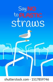 say no to plastic straw poster placard design with floating straws ocean seagull