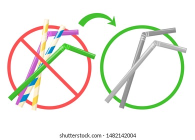 Say no to plastic straw and use metal tool for drink. Idea of environment pollution and trash. Straw behind forbidden sign. Isolated vector illustration in cartoon style