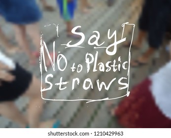 Say no to plastic straws. Blurred background of a wooden floor with legs in the slaps of different people who stood in a circle. Pollution problem concept Eco, ecology banner poster. Vector