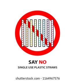 Say No plastic straws with Red cross sign. Stop using plastic straws concept. Save the earth and good environment concept.