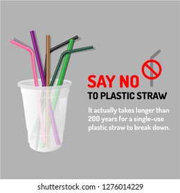 Say no to plastic straws. Stop plastic pollution on sea, plastic pollution, the refusal of disposable plastic drinking straws, vector illustration.