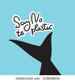 Say no to plastic. Tail of a whale, dolphin, sea, ocean. Black text, calligraphy, lettering, doodle by hand on blue. Pollution problem concept Eco, ecology banner poster. Vector