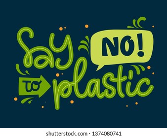 Say No to Plastic text - Eco friendly green color hand draw lettering phrase with leaf and dots decor for card, stickers, prints, textile design.
