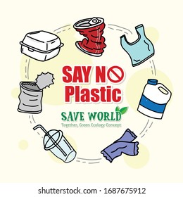 Say no plastic text sign doodle. Save world. Save Ocean. Ecology concept vector illustration