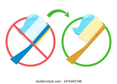 Say no to plastic toothbrush and use bamboo brush. Zero waste lifestyle. Brushing teeth with ecology friendly tool. Isolated vector illustration in cartoon style