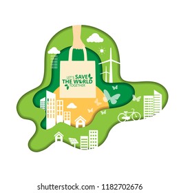 say no to plastic, use cloth bags, World environment day concept. Green Eco Earth. Vector illustration.