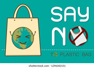 Say no to plastic, use cloth bags, World environment day, cute cartoon style concept. Green Ecology Earth Vector illustration