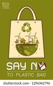 Say no to plastic, use cloth bags, World environment day, cute cartoon style concept. Green Ecology Earth Vector illustration.