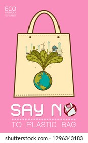 Say no to plastic, use cloth bags, World environment day, cute cartoon style concept. Green Ecology Earth Vector illustration