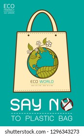 Say no to plastic, use cloth bags, World environment day, cute cartoon style concept. Green Ecology Earth Vector illustration.