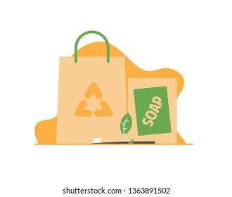 Say no to plastic, use eco bag. Concept of green eco recycle products and zero waste. International Earth Day. Natural soap in hand of tiny people. Vector illustration in flat design.