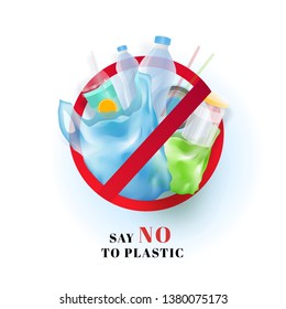 Say No To Plastic using such as polythene, bottles and straw on white background. Can be used as poster or template design.