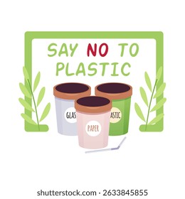 Say no to plastic vector flat design. Bottles with lid and straw. Zero waste reusable containers with glass, paper and plastic sorting labels. ECO lifestyle. Reduce, reuse, recycle ecological concept