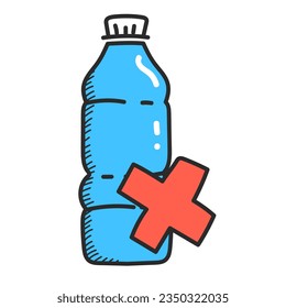 Say no to plastice bottle vector isolated. Illustration of a bottle of water with red sign in doodle style. Plastic is forbidden. Environmental pollution.