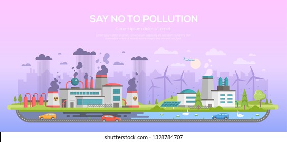 Say no to pollution - modern flat design style vector illustration on purple background. A plant making hazardous substances emissions and clean area with windmills, solar panels, pond. Eco theme