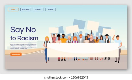 Say no to racism landing page vector template. Protest against racial inequality and discrimination website interface with flat illustrations. Homepage layout, web banner, webpage cartoon concept