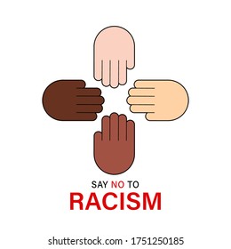 Say no to racism quote vector design. Skin color difference handwritten lettering phrase, different skin tones from light to dark and raised arm, fight fist gesture.