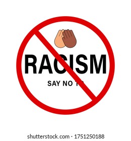 Say no to racism quote vector design. Skin color difference handwritten lettering phrase, different skin tones from light to dark and raised arm, fight fist gesture.
