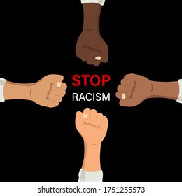 Say no to racism quote vector design. Skin color difference handwritten lettering phrase, different skin tones from light to dark and raised arm, fight fist gesture.