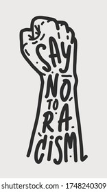 Say no to racism. Text message for protest action. Vintage hand silhouette poster with the phrase No to racism, banner on white background. Typographic banner design. Vector Illustration.