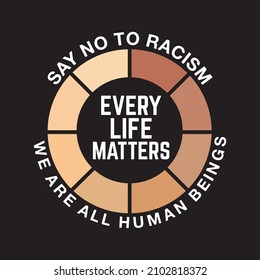 say no to racism typography t-shirt design, every life matters banner for protest, rally or awareness campaign against racial discrimination of dark skin color. Support for equal rights