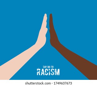 Say No To Racism- White and black man's hand high five vector illustration.