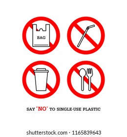 Say no to single use plastic set, bag, straw, cup, spoon and fork. Simple design. Stop using Plastic campaign.