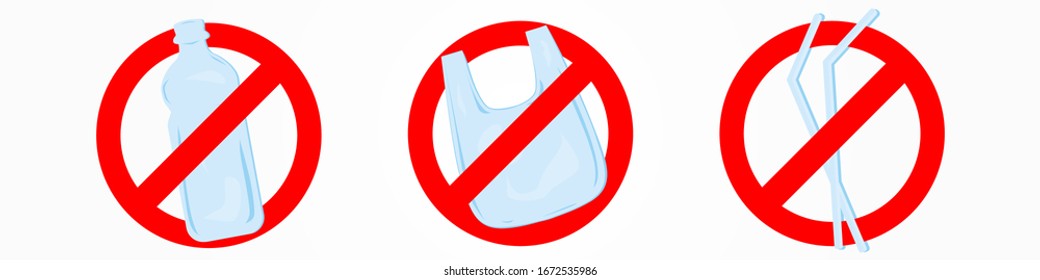 Say no to single use plastic set, bag, straw, cup, spoon and fork. Simple design. Stop using Plastic campaign.