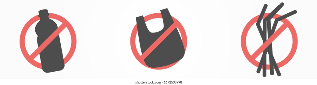 Say no to single use plastic set, bag, straw, cup, spoon and fork. Simple design. Stop using Plastic campaign.