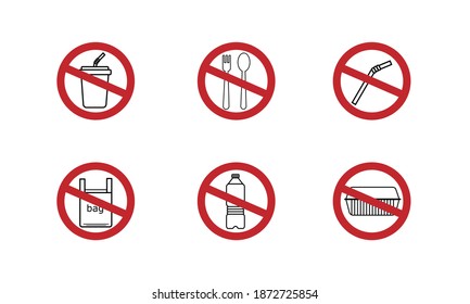 Say no to single use plastic set, bag, straw, cup, spoon and fork. Simple design. Stop using Plastic campaign.