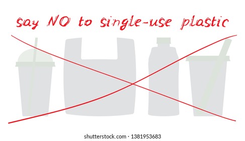 Say no to single-use plastic cups bags bottles straws. Red text, calligraphy, lettering, doodle by hand isolated on white. Eco, ecology. Vector