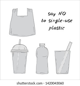 Say no to single-use plastic. Living plastic free. cups bags bottles straws. Black text, calligraphy, lettering, doodle by hand isolated on white background. Eco, ecology. Vector