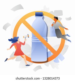 Say no to single-use plastic metaphor. Modern vector styled image with plastic bottle in red stop circle surrounded by tiny activists.