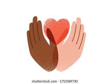Say no to stop racism, love and peace concept. Black Lives Matter vector background. Human black and white hands hold pink heart, texture effect. Motivational poster against discrimination.