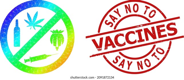 DECIR NO A VACUNAS focas impuras y color arcoiris bajo color prohibido adicto a las drogas icono con gradiente. El sello rojo contiene el texto "No a las vacunas" dentro del círculo y la forma de las líneas.