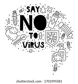 Say NO to virus. Doodle illustrations with lettering in speach bubble shape