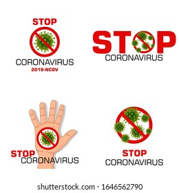 Say STOP to coronavirus , bacteria, fungi and infections. Vector illustration set of Corona virus with red stop sign on white background. Pandemic and corona virus outbreaks.