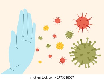 Say STOP to coronavirus, bacteria, fungi and infections. Vector illustration of Corona virus with hand gesture stop. Pandemic and corona virus outbreaks.