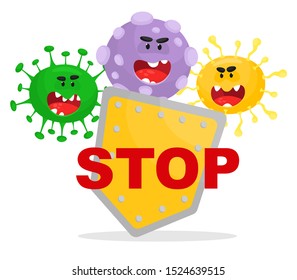 Say STOP to viruses, bacteria, infections, fungi and infections. Antivirus shield. Vector illustration in cartoon flat style. Funny viruses and bacteria.