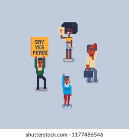 Say yes peace. Voting and elections. People demonstration, man hold placats. African American man and woman pixel art characters. Political agitation. Isolated vector illustration.