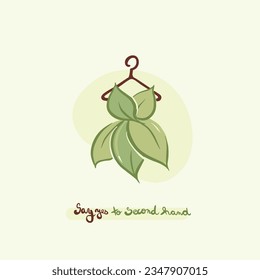 Say yes to second-hand clothes! Dress made of leaves on the hanger with the clothes recycle symbol.

reduce waste and help the environment.