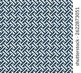 Sayagata seamless Japanese traditional pattern. Repeating swastika-based geometric motif in navy blue for textile design, cultural decoration, and background texture, Vector Illustration