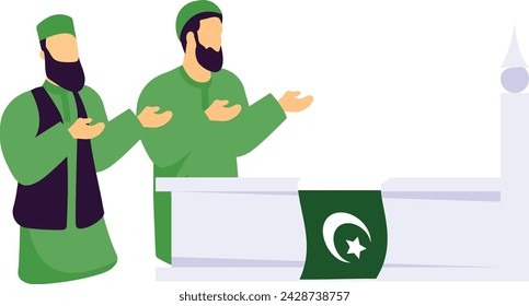 Saying Fatiha at Grave of Allama iqbal concept, Person Raising Hand for Dua vector design, yaum-e-pakistan Symbol, Islamic republic or resolution day Sign, 23 March national holiday stock illustration